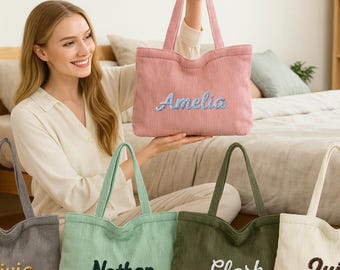 Personalized Corduroy Tote Bag, Custom Name Hand-Embroidered Tote, Holiday Gift, Birthday Gift, Xmas Gift, Bridesmaid Gift, Gift for Her