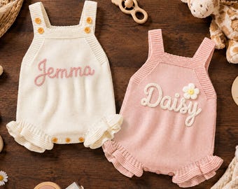 Custom Hand Embroidered Baby Romper, Personalized Name Baby Outfit, Ruffle Bubble Romper for Girls, Birthday & Baby Shower Gift, Infant Wear