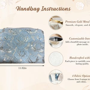May include: A light blue handbag with a floral rose pattern, measuring 11.02 inches wide and 7.87 inches high. Features a gold metal zipper and customizable interior. The image also shows 4 fabric options.