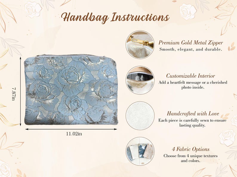 May include: A light blue handbag with a floral rose pattern, measuring 11.02 inches wide and 7.87 inches high. Features a gold metal zipper and customizable interior. The image also shows 4 fabric options.