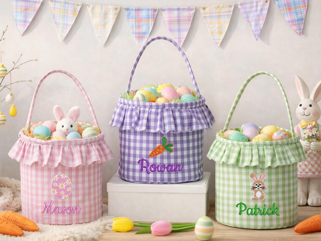 Custom Gingham Ruffle Easter Basket, Egg Hunt Bucket, Embroidered Bunny ...