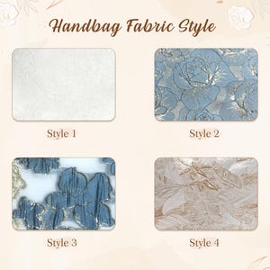 May include: Image showcasing four handbag fabric styles. Style 1 is a white, textured fabric. Style 2 features a blue floral pattern with gold accents. Style 3 has blue and gold floral designs. Style 4 displays a beige floral pattern.