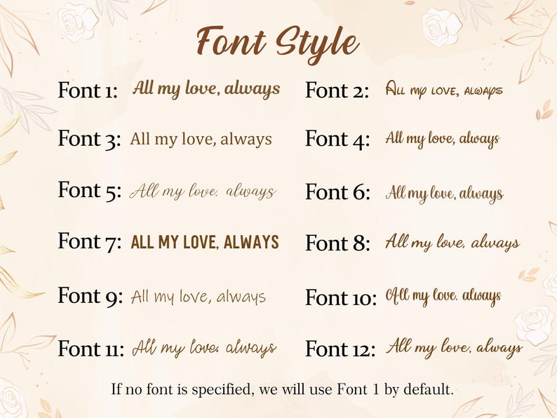 May include: A beige background with floral accents displays a list of 12 font styles. Each font is paired with the phrase "All my love, always." Font 7 is bold and capitalized. The text "Font Style" is at the top.