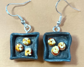 Bagel Bites polymer clay earrings / Handmade miniature nostalgic food dangle / Unique cute pizza bagel gifts