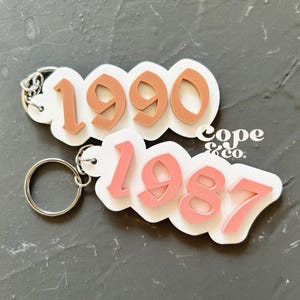 May include: Two keychains with pink and brown numbers. The top keychain has the year 1990 and the bottom keychain has the year 1987. Both keychains are on a gray background.