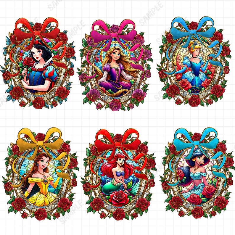 Cute Princess PNG Bundle – 6 Rose Frame Ribbon Bow Stickers 300 DPI ...