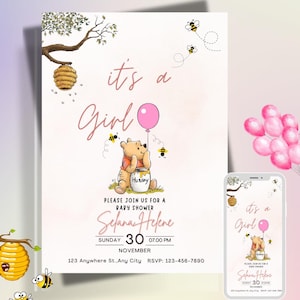 Plantilla de Canva para invitación clásica de Winnie the Pooh para baby shower, invitación digital "Es una niña", tarjeta editable para fiesta de cumpleaños de niña.