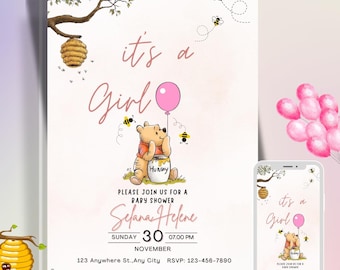 Babyshower klassieke Winnie de Pooh kinderen roze uitnodiging canva sjabloon, digitale uitnodigingen Its a Girl-kaart, verjaardagsfeestje meisje bewerkbaar