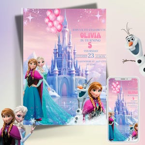 Plantilla de invitación de FROZEN en Canva, invitación para fiesta de cumpleaños de Elsa, fiesta temática rosa de Frozen, tarjeta de invitación digital de Elsa y Olaf, fiesta de Anna y Frozen.