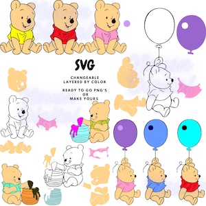 Op de afbeelding: Een digitale afbeelding met meerdere illustraties van een cartoonbeer in verschillende poses en kleuren. De beer wordt afgebeeld met shirts in verschillende kleuren en met ballonnen. Het woord "SVG" wordt met tekst eronder weergegeven.