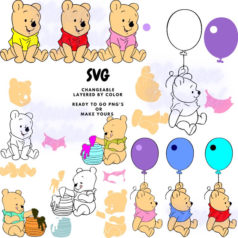 Op de afbeelding: Een digitale afbeelding met meerdere illustraties van een cartoonbeer in verschillende poses en kleuren. De beer wordt afgebeeld met shirts in verschillende kleuren en met ballonnen. Het woord "SVG" wordt met tekst eronder weergegeven.