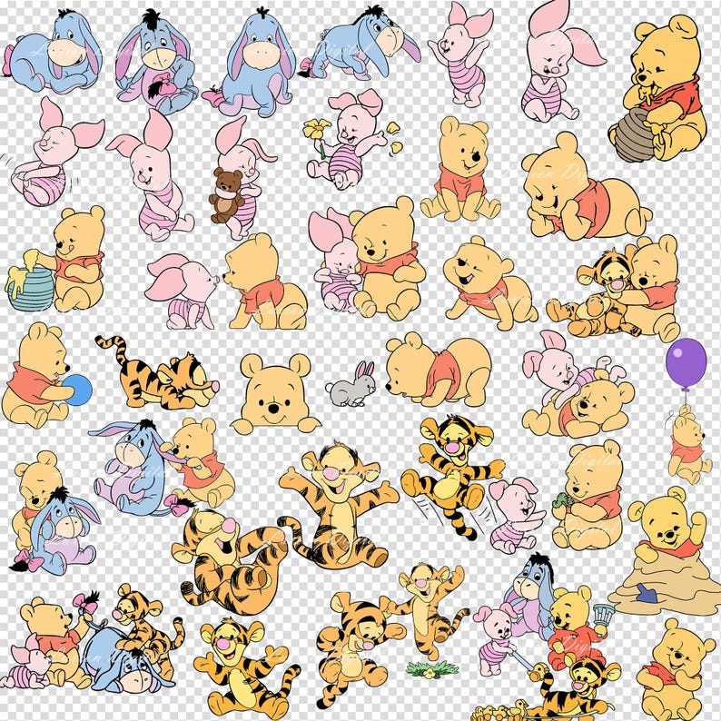 Op de afbeelding: Een verzameling cartoon illustraties met Winnie de Poeh, Knorretje, Tijger en Iejoor. De karakters staan in verschillende poses, met een transparante achtergrond. Het kleurenpalet bevat geel, roze, blauw en oranje.