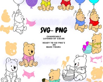 Set baby Winnie de Poeh-kinderen roze blauwe PNG- en SVG-bundel, Tigger, Iejoor-bestanden, Knorretje kinderen gemakkelijk te knippen, veranderlijke kleur, babyshower
