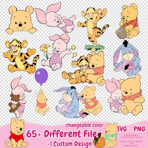 May include: A collection of cartoon illustrations featuring Winnie the Pooh, Piglet, Tigger, and Eeyore. The characters are in various poses, with a purple balloon and text that reads "65+ Different Files +1 Custom Design SVG-PNG".