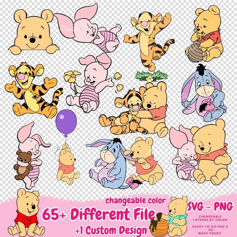 Op de afbeelding: Een verzameling cartoon illustraties met Winnie de Poeh, Knorretje, Tijgertje en Iejoor. De karakters zijn in verschillende poses, met een paarse ballon en de tekst "65+ Different Files +1 Custom Design SVG-PNG".