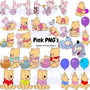 Op de afbeelding: Een verzameling cartoon illustraties met Winnie de Poeh, Knorretje, Iejoor en andere personages. De afbeelding bevat verschillende poses en sc&egrave;nes, met de tekst "Pink PNG's READY TO GO PNG'S".