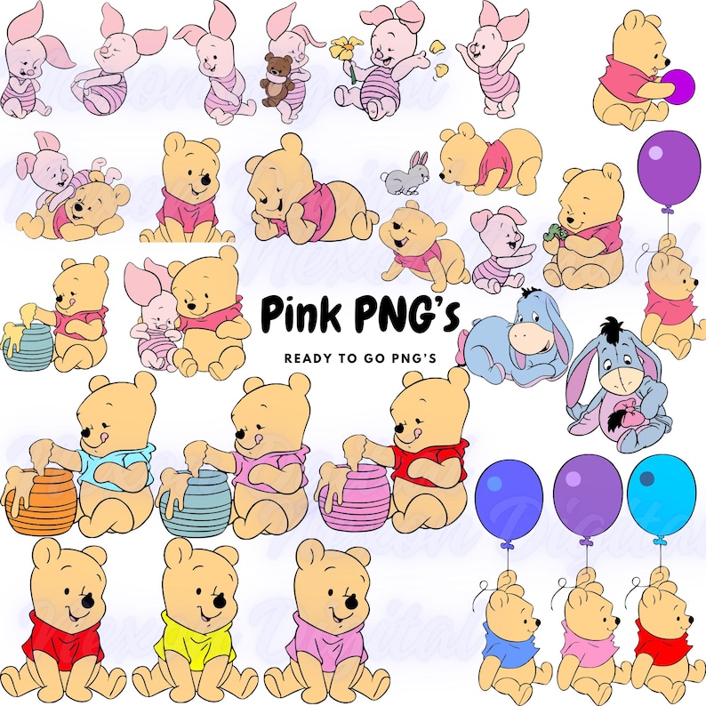 Op de afbeelding: Een verzameling cartoon illustraties met Winnie de Poeh, Knorretje, Iejoor en andere personages. De afbeelding bevat verschillende poses en sc&egrave;nes, met de tekst "Pink PNG's READY TO GO PNG'S".