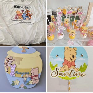Op de afbeelding: Een wit t-shirt met de tekst "Mama Bear" en een afbeelding van Winnie de Poeh en vrienden. De afbeelding toont ook cake pops, een honingpotdecoratie en een taarttopper met de naam "Santino".