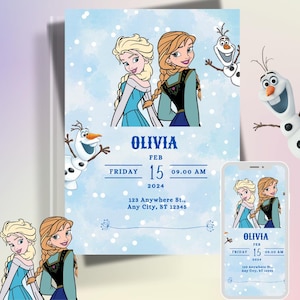 Könnte beinhalten: Eine blaue und weiße Einladung mit einem Schneeflockenmuster. Die Einladung zeigt ein Bild der Figuren Elsa und Anna aus dem Film Frozen. Der Text auf der Einladung lautet "Olivia" und "Freitag, 15. Februar 2024, 09:00 Uhr".