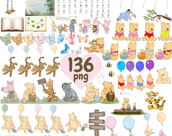 Klassiek en baby Winnie de Poeh PNG 136 clipartbundel, afdrukbare jongen meisje vintage pooh babyshower sublimatie teigetje, Iejoor, Knorretje kinderen