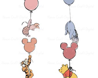 Classic Winnie the Pooh 300Dpi PNG 4 Balloon Clipart Bundle, Printable Vintage Pooh Baby Shower Sublimation Tigger, Eeyore, Piglet Kids