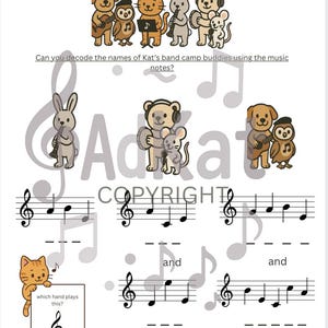 May include: A musical educational worksheet titled "Kat goes on Band Camp" featuring cartoon animals playing instruments. The worksheet includes musical notes and the text "Can you decode the names of Kat's band camp buddies using the music notes?"