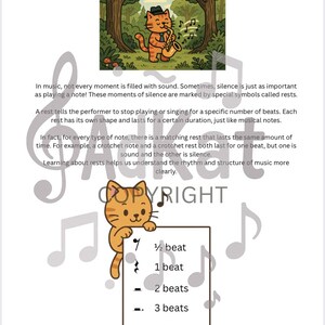 Kat en el Bosque Tranquilo: 5 fichas de música divertidas e interactivas sobre silencios / Imprimibles de teoría musical para niños