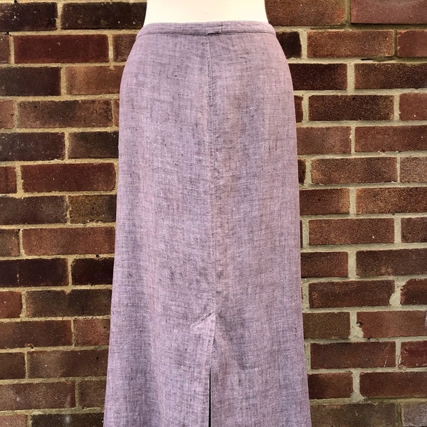 Vintage 90s Size L Beige Brown Linen Midi Skirt Smart Mid Calf Length Plain with Front & Back Splits Minimalist Simple Y2K Summer skirt