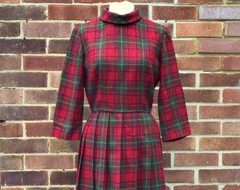 Vintage 1950s Red Plaid Winter Dress 1960s Tartan Wool Blend pleated dress work party everyday Christmas holiday clothing