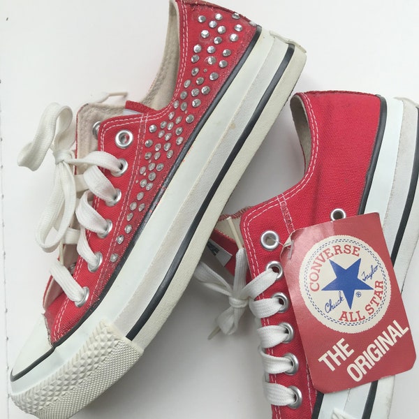 Customised Genuine Red Converse Trainers / Sneakers Size UK 4.5 Rhinestones, Diamante and Glitter With Tags Canvas Chuck Taylor All Star