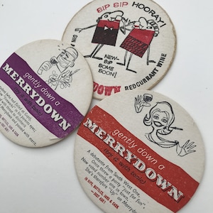 Vintage jaren 1960 Merrydown cider fruit wijn bierviltjes Breweriana bierviltjes set van 3 onderzetters ronde kartonnen onderzetters pub memorabilia