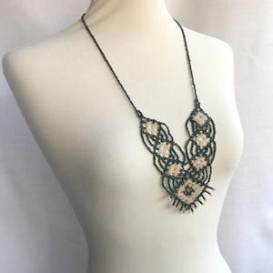 Beaded bib necklace - Metallic green bead necklace - carnival glass beads - green and peach bead necklace - lacy necklace - beaded  collar