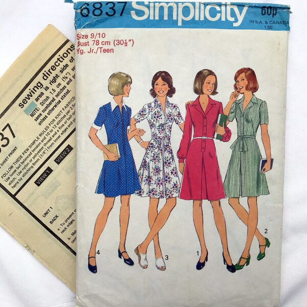 Simplicity Sewing Pattern 6837 Vintage 1975 Seventies Girls Young Jr Teen Childrens Size 9 - 10 dress shirt dresses 70s retro dressmaking