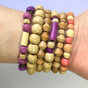 Set of Purple & Beige Wooden Bead Stacking Bracelet Wood Stretch Friendship Bracelets Set of 6 Bracelets layering bracelet set + Gift Bag