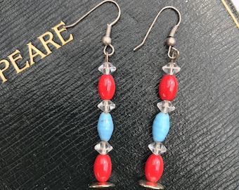 Simple Brightly Coloured Drop Earrings with Glass Beads blue red & clear made with Vintage Components dangly modernist boho stick earrings