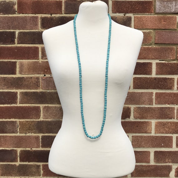 Long Teal Blue Turquoise Wooden Bead Necklace Blu… - image 3