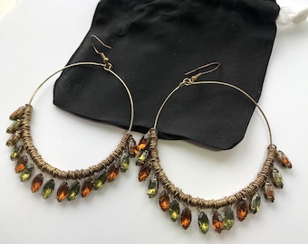 Vintage Y2K Drop Hoop Earrings with Beads Old Gold, Orange and Olive Green Earrings Large Hoop Earrings with Rhinestones Boho Hippy Earrings