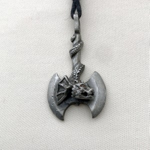 Vintage 90s Heavy Metal Axe & Dragon Pewter Pendant Necklace Nineties on Long Cotton Cord Black and Silver Grey Fantasy Dungeons Dragons