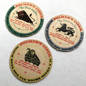Vintage 1960er Jahre Bulmers Cider Horoskop Bierdeckel Braueriana Bierdeckel 3er Set Untersetzer Werbung Widder Löwe Taurus Aquarius Sagittarius