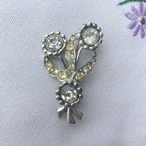 Vintage 1960s Rhinestone Flower Brooch Diamante Floral Pin White Metal with Clear Stones Posey Bouquet Brooch lapel pin flower Jewellery