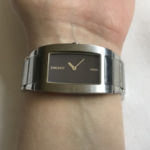 Vintage late 90s / Y2K DKNY Womens Steel Wrist Watch in Original Box silver metal bracelet strap lavender blue dial minimalist ladies