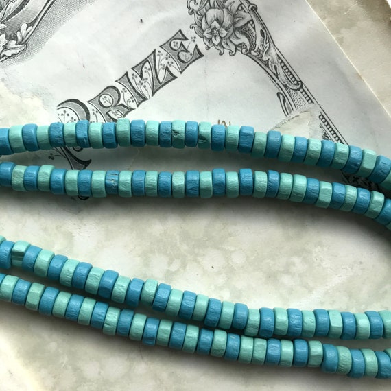 Long Teal Blue Turquoise Wooden Bead Necklace Blu… - image 6