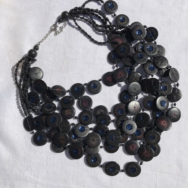 Extra Large Vintage Y2K Brown, Purple & Navy Blue Bead Necklace Hippy Boho Multistrand Beaded Statement Necklace coconut beads necklace