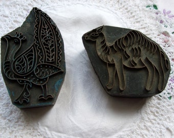 Pair Vintage Printing Blocks Camel and Peacock Design Decorative Objects Ornaments Middle Eastern wood and Copper print dies hand made