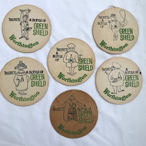 Vintage jaren 1960 Worthington Green Shield bierviltjes Breweriana bierviltjes set van 6 onderzetters sterke drank reclame ronde onderzetters Pub memorabilia
