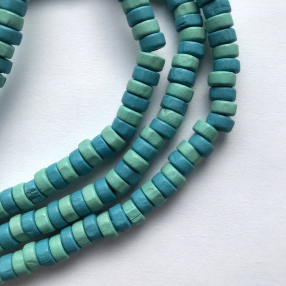 Long Teal Blue Turquoise Wooden Bead Necklace Blu… - image 7