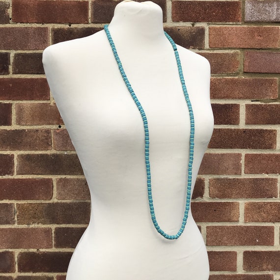 Long Teal Blue Turquoise Wooden Bead Necklace Blu… - image 10