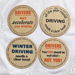 Vintage jaren 1960 verkeersveiligheid bierviltjes 1962 Breweriana bierviltjes set van 4 rijden onder invloed van drank onderzetters UK Brewers Society Liquor Advertising Promo