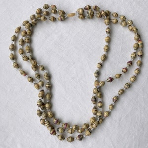 Vintage 1990s Yellow Beige Paper Bead Multistrand Necklace Triple Strand Necklace with glass seed beads rolled paper beads