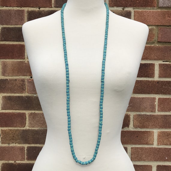 Long Teal Blue Turquoise Wooden Bead Necklace Blu… - image 8